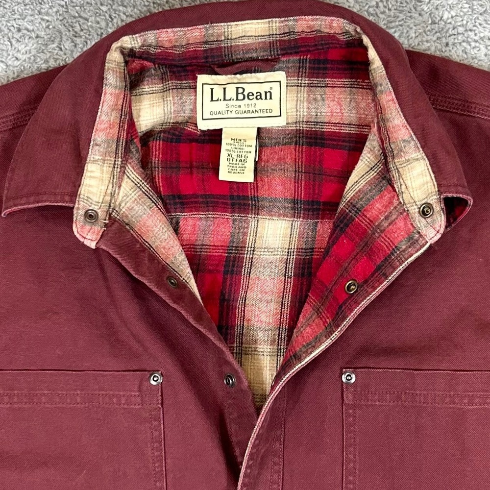 LL Bean Mens XL Flannel Lined Cotton Canvas Work Shirt Jacket Burgundy Maroon